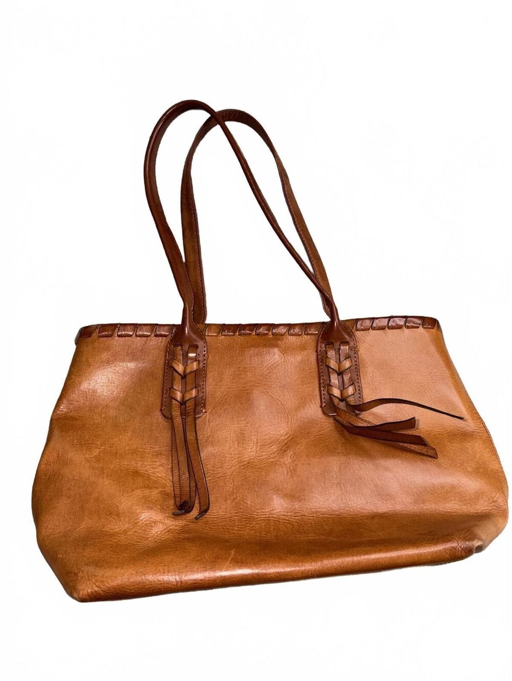 Frye Cognac Tan Leather Whipstitch Tote Bag Shoulder Handbag